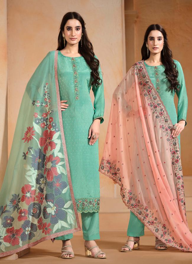 Chinnon Chiffon Sea Green Festival Wear Emboidery Work Straight Suit